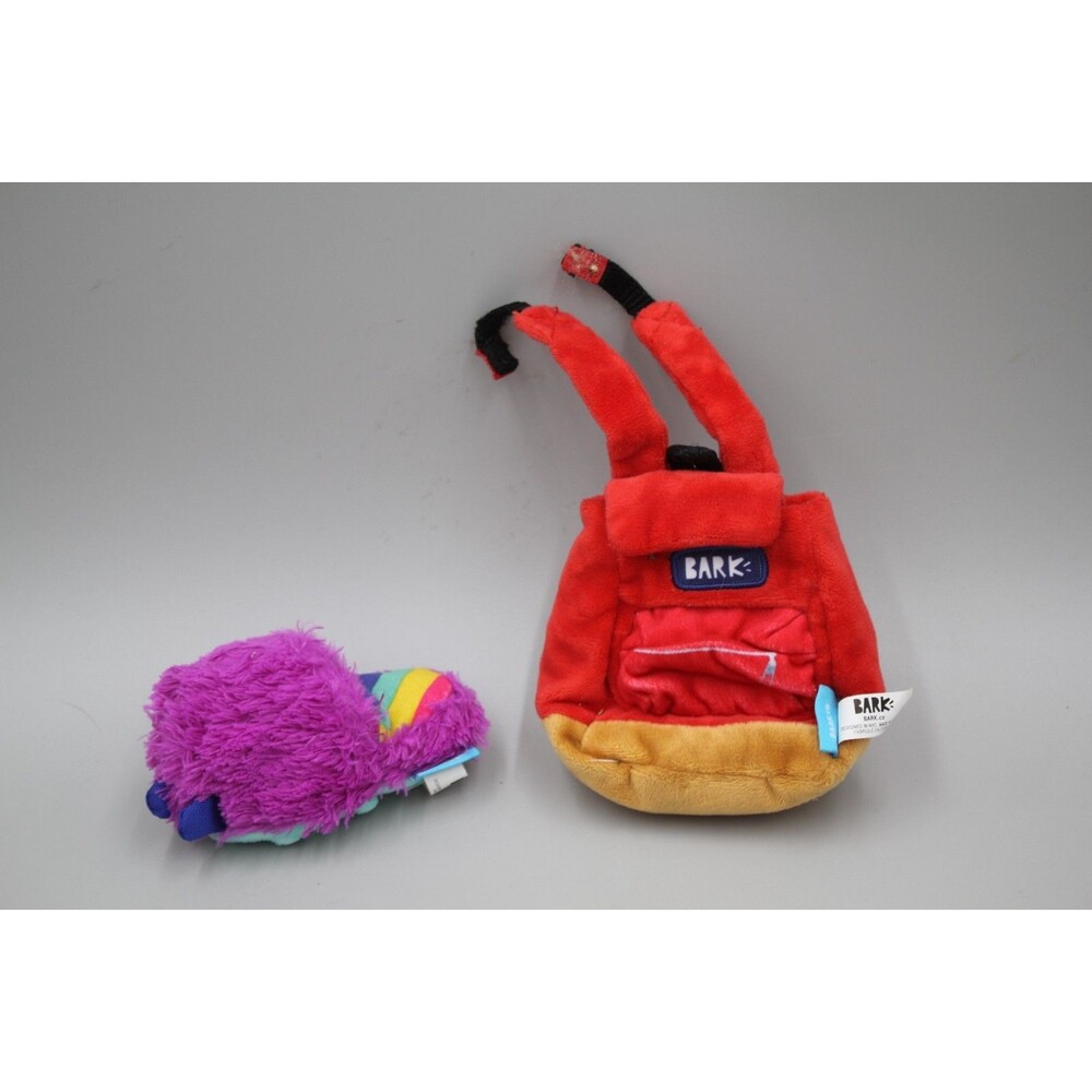Barkbox Lot of 2 Dog Toys Backpack and Purple Monster Foot Slipper Crinkle Squea